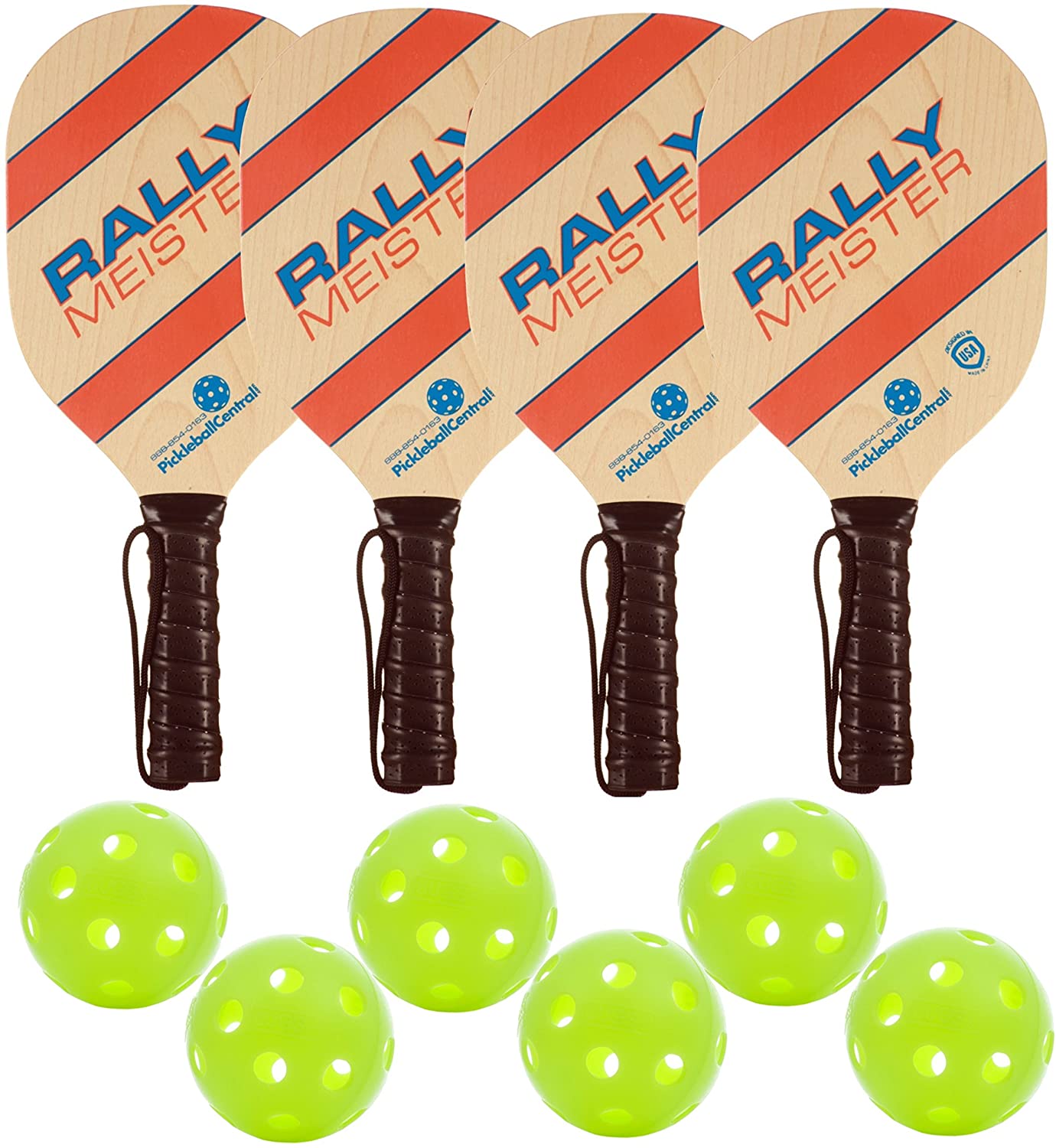 Rally Meister Pickleball Paddle Deluxe Bundle - 4 Wood Paddles & Balls Pickleball Set